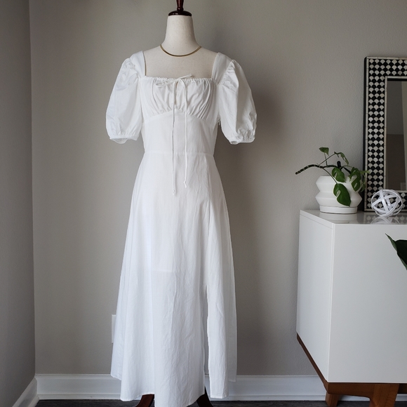 Square Neck Puff Sleeve Tie Bust Midi Maxi Dress - Picture 3 of 16